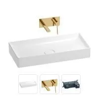 Раковина для ванной Wellsee Pure BY Wellsee 201000753 в наборе 2 в 1: прямоугольная раковина белого глянцевого цвета, встраиваемый смеситель в цвете золото