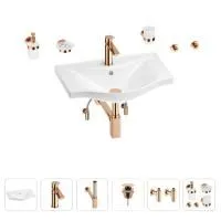 Раковина для ванной Wellsee Bisou 201007264 в наборе 9 в 1: раковина белого глянцевого цвета, смеситель, сифон, донный клапан, угловые вентили, аксессуары (цвет набора розовое золото)