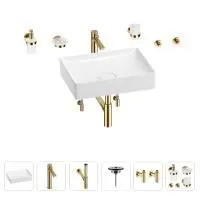 Раковина для ванной Wellsee Pure BY Wellsee 201006418 в наборе 9 в 1: раковина белого глянцевого цвета, высокий смеситель, сифон, выпуск, угловые вентили, аксессуары (цвет золото)