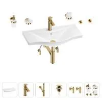 Раковина для ванной Wellsee Bisou 201007383 в наборе 9 в 1: раковина белого глянцевого цвета, смеситель, сифон, донный клапан, угловые вентили, аксессуары (цвет набора золото)
