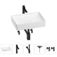 Раковина для ванной Wellsee Pure BY Wellsee 201004392 в наборе 5 в 1: раковина белого глянцевого цвета, высокий смеситель, сифон, выпуск, угловые вентили (цвет набора матовый черный)