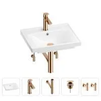 Раковина для ванной Wellsee FreeDom 201004749 в наборе 5 в 1: раковина белого глянцевого цвета, смеситель, сифон, донный клапан, угловые вентили (цвет набора розовое золото)