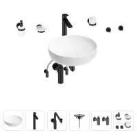 Раковина для ванной Wellsee Chalice Perfection 201006207 в наборе 9 в 1: раковина белого глянцевого цвета, высокий смеситель, сифон, выпуск, угловые вентили, аксессуары (цвет матовый черный)
