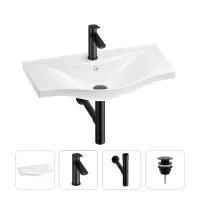 Раковина для ванной Wellsee Bisou 201003622 в наборе 4 в 1: раковина белого глянцевого цвета, смеситель, сифон, донный клапан (цвет набора матовый черный)