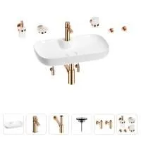 Раковина для ванной Wellsee Croquis 2.0 201005834 в наборе 9 в 1: раковина белого глянцевого цвета, смеситель, сифон, выпуск, угловые вентили, аксессуары (цвет набора розовое золото)
