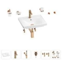 Раковина для ванной Wellsee FreeDom 201006819 в наборе 9 в 1: раковина белого глянцевого цвета, смеситель, сифон, донный клапан, угловые вентили, аксессуары (цвет набора розовое золото)
