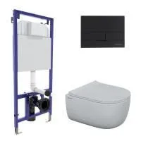 Комплект BERGES для монтажа  подвесного унитаза: инсталляция NOVUM525, кнопка L5 SoftTouch черная, унитаз EGO Rimless, сидение дюропласт  Toma Slim SO, микролифт, быстросьем