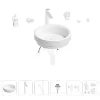 Раковина для ванной Wellsee Doux 201006050 в наборе 9 в 1: раковина белого глянцевого цвета, высокий смеситель, сифон, донный клапан, угловые вентили, аксессуары (цвет матовый белый)