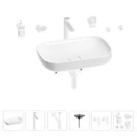 Раковина для ванной Wellsee Croquis 201005630 в наборе 9 в 1: раковина белого глянцевого цвета, высокий смеситель, сифон, выпуск, угловые вентили, аксессуары (цвет матовый белый)