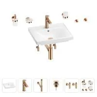 Раковина для ванной Wellsee FreeDom 201006834 в наборе 9 в 1: раковина белого глянцевого цвета, смеситель, сифон, донный клапан, угловые вентили, аксессуары (цвет набора розовое золото)