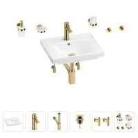 Раковина для ванной Wellsee FreeDom 201006818 в наборе 9 в 1: раковина белого глянцевого цвета, смеситель, сифон, донный клапан, угловые вентили, аксессуары (цвет набора золото)