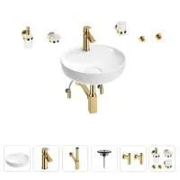 Раковина для ванной Wellsee Chalice Perfection 201006238 в наборе 9 в 1: раковина белого глянцевого цвета, смеситель, сифон, выпуск, угловые вентили, аксессуары (цвет набора золото)