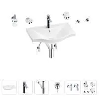 Раковина для ванной Wellsee Bisou 201007206 в наборе 9 в 1: раковина белого глянцевого цвета, смеситель, сифон, донный клапан, угловые вентили, аксессуары (цвет набора хром)