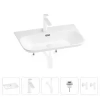 Раковина для ванной Wellsee Eclatant 2.0 201005440 в наборе 5 в 1: раковина белого глянцевого цвета, смеситель, сифон, донный клапан, угловые вентили (цвет набора матовый белый)