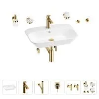 Раковина для ванной Wellsee Eclatant 201007483 в наборе 9 в 1: раковина белого глянцевого цвета, смеситель, сифон, донный клапан, угловые вентили, аксессуары (цвет набора золото)