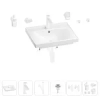 Раковина для ванной Wellsee FreeDom 201006915 в наборе 9 в 1: раковина белого глянцевого цвета, смеситель, сифон, донный клапан, угловые вентили, аксессуары (цвет набора матовый белый)