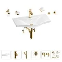Раковина для ванной Wellsee Bisou 201007433 в наборе 9 в 1: раковина белого глянцевого цвета, смеситель, сифон, донный клапан, угловые вентили, аксессуары (цвет набора золото)