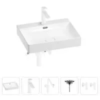 Раковина для ванной Wellsee DeSire 201005520 в наборе 5 в 1: раковина белого глянцевого цвета, смеситель, сифон, выпуск, угловые вентили (цвет набора матовый белый)
