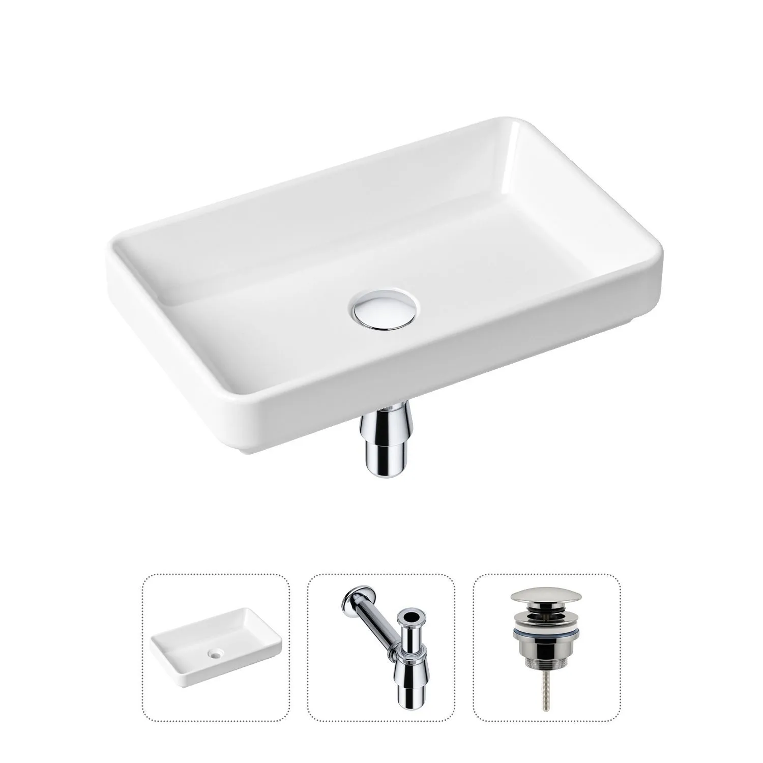 Комплект 3 в 1 Lavinia Boho Bathroom Sink 21520112: накладная фарфоровая  раковина 55 см, металлический сифон, донный клапан купить в Москве