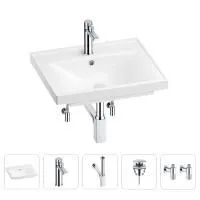 Раковина для ванной Wellsee FreeDom 201004841 в наборе 5 в 1: раковина белого глянцевого цвета, смеситель, сифон, донный клапан, угловые вентили (цвет набора хром)