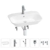 Раковина для ванной Wellsee Eclatant 201005391 в наборе 5 в 1: раковина белого глянцевого цвета, смеситель, сифон, донный клапан, угловые вентили (цвет набора хром)