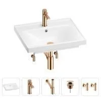 Раковина для ванной Wellsee FreeDom 201004884 в наборе 5 в 1: раковина белого глянцевого цвета, смеситель, сифон, донный клапан, угловые вентили (цвет набора розовое золото)