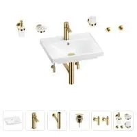 Раковина для ванной Wellsee FreeDom 201006828 в наборе 9 в 1: раковина белого глянцевого цвета, смеситель, сифон, донный клапан, угловые вентили, аксессуары (цвет набора золото)