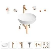 Раковина для ванной Wellsee Chalice Perfection 201006169 в наборе 9 в 1: раковина белого глянцевого цвета, высокий смеситель, сифон, выпуск, угловые вентили, аксессуары (цвет розовое золото)