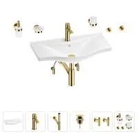 Раковина для ванной Wellsee Bisou 201007388 в наборе 9 в 1: раковина белого глянцевого цвета, смеситель, сифон, донный клапан, угловые вентили, аксессуары (цвет набора золото)