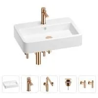 Раковина для ванной Wellsee Halcyon 201004524 в наборе 5 в 1: раковина белого глянцевого цвета, смеситель, сифон, донный клапан, угловые вентили (цвет набора розовое золото)