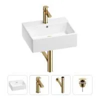 Раковина для ванной Wellsee Graceful Pro 201002923 в наборе 4 в 1: раковина белого глянцевого цвета, смеситель, сифон, донный клапан (цвет набора золото)