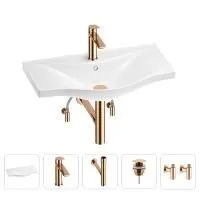 Раковина для ванной Wellsee Bisou 201005299 в наборе 5 в 1: раковина белого глянцевого цвета, смеситель, сифон, донный клапан, угловые вентили (цвет набора розовое золото)