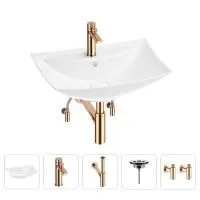 Раковина для ванной Wellsee Cerulean 201004714 в наборе 5 в 1: раковина белого глянцевого цвета, смеситель, сифон, выпуск, угловые вентили (цвет набора розовое золото)
