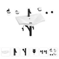 Раковина для ванной Wellsee Bisou 201007227 в наборе 9 в 1: раковина белого глянцевого цвета, смеситель, сифон, донный клапан, угловые вентили, аксессуары (цвет набора матовый черный)