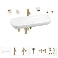 Раковина для ванной Wellsee Croquis 201005814 в наборе 9 в 1: раковина белого глянцевого цвета, высокий смеситель, сифон, выпуск, угловые вентили, аксессуары (цвет розовое золото)