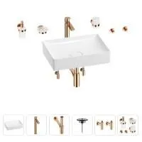 Раковина для ванной Wellsee Pure BY Wellsee 201006354 в наборе 9 в 1: раковина белого глянцевого цвета, высокий смеситель, сифон, выпуск, угловые вентили, аксессуары (цвет розовое золото)