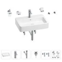 Раковина для ванной Wellsee Halcyon 201006576 в наборе 9 в 1: раковина белого глянцевого цвета, смеситель, сифон, донный клапан, угловые вентили, аксессуары (цвет набора хром)