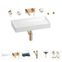 Раковина для ванной Wellsee Pure BY Wellsee 201006469 в наборе 8 в 1: раковина белого глянцевого цвета, встраиваемый смеситель, сифон, выпуск, аксессуары (цвет набора розовое золото)