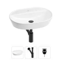 Раковина для ванной Wellsee Calin 201000977 в наборе 3 в 1: овальная раковина белого глянцевого цвета, сифон, донный клапан в цвете матовый черный