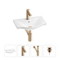 Раковина для ванной Wellsee Bisou 201003354 в наборе 4 в 1: раковина белого глянцевого цвета, смеситель, сифон, донный клапан (цвет набора розовое золото)