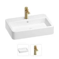 Раковина для ванной Wellsee Halcyon 201000763 в наборе 2 в 1: прямоугольная раковина белого глянцевого цвета, смеситель в цвете золото