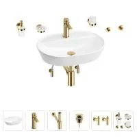 Раковина для ванной Wellsee Calin 201005583 в наборе 9 в 1: раковина белого глянцевого цвета, смеситель, сифон, донный клапан, угловые вентили, аксессуары (цвет набора золото)