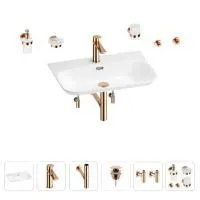 Раковина для ванной Wellsee Eclatant 2.0 201007524 в наборе 9 в 1: раковина белого глянцевого цвета, смеситель, сифон, донный клапан, угловые вентили, аксессуары (цвет набора розовое золото)