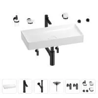 Раковина для ванной Wellsee Pure BY Wellsee 201006517 в наборе 9 в 1: раковина белого глянцевого цвета, высокий смеситель, сифон, выпуск, угловые вентили, аксессуары (цвет матовый черный)