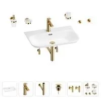 Раковина для ванной Wellsee Eclatant 2.0 201007523 в наборе 9 в 1: раковина белого глянцевого цвета, смеситель, сифон, донный клапан, угловые вентили, аксессуары (цвет набора золото)