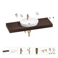 Раковина 60 см со столешницей 140 см Wellsee Calin 201007869 в наборе 10 в 1: столешница, раковина, смеситель, сифон, донный клапан, угловые вентили, аксессуары (цвет розовое золото)