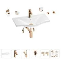 Раковина для ванной Wellsee Bisou 201007414 в наборе 9 в 1: раковина белого глянцевого цвета, смеситель, сифон, донный клапан, угловые вентили, аксессуары (цвет набора розовое золото)