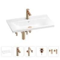 Раковина для ванной Wellsee FreeDom 201005019 в наборе 5 в 1: раковина белого глянцевого цвета, смеситель, сифон, донный клапан, угловые вентили (цвет набора розовое золото)