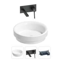 Раковина для ванной Wellsee Doux 201000667 в наборе 2 в 1: круглая раковина белого глянцевого цвета, встраиваемый смеситель в цвете матовый черный