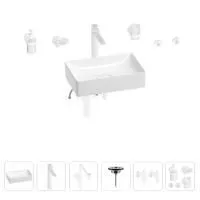 Раковина для ванной Wellsee Pure BY Wellsee 201006340 в наборе 9 в 1: раковина белого глянцевого цвета, высокий смеситель, сифон, выпуск, угловые вентили, аксессуары (цвет матовый белый)